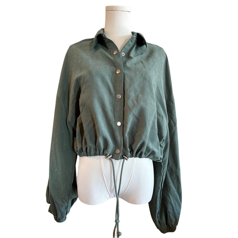 HYFVE Cropped Bomber Jacket | Green Snap Button Front | MEDIUM